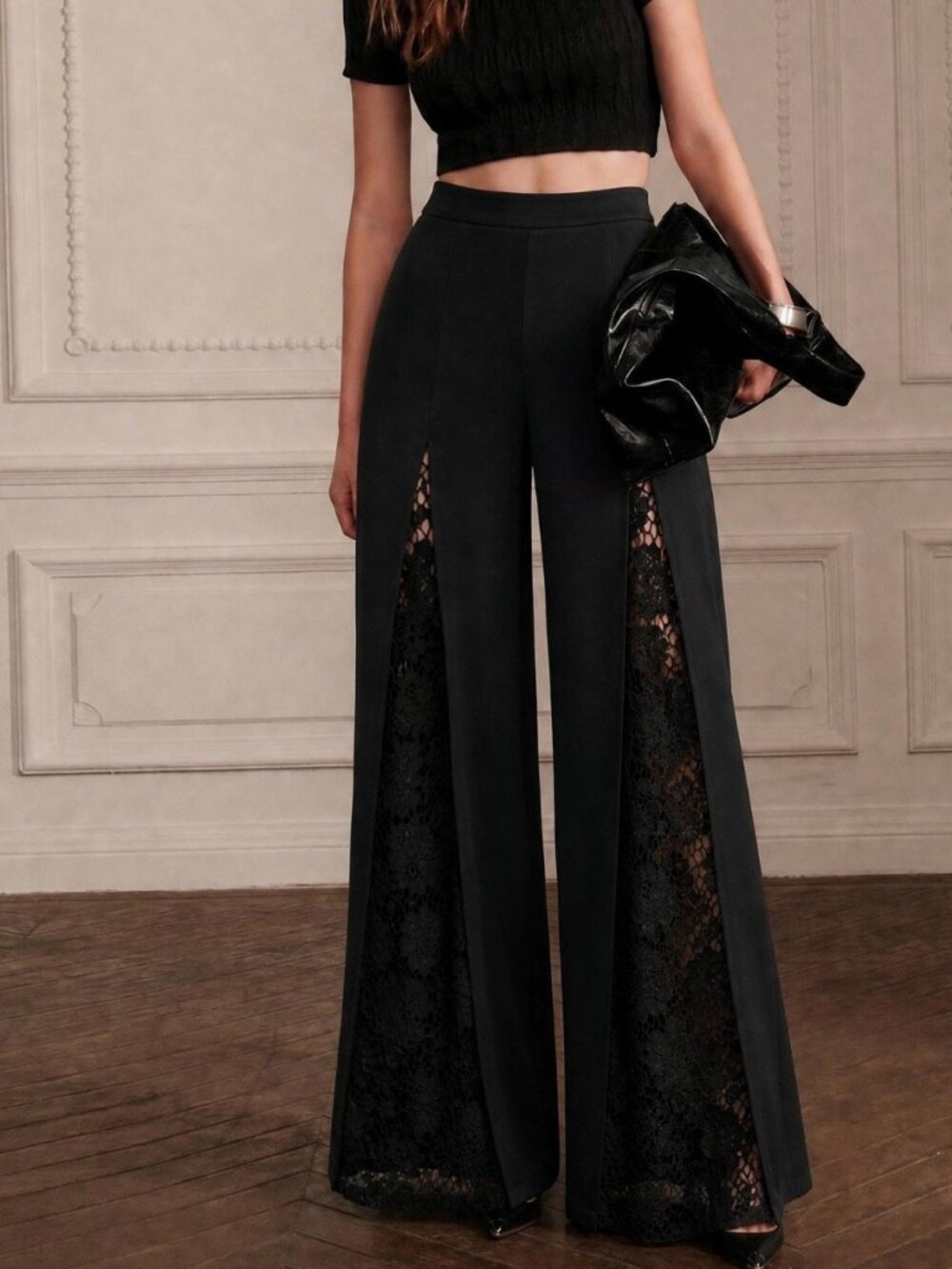 Black Party Women's Regular Fit Long High-Waist Wide-Leg Pants